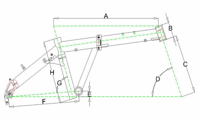 Frame size Top tube(A) Head tube length(B) Fork length(C) Head tube angle(D) Bottom bracket drop(E) Chain stays(F) Seat tube angle(G) Seat tube(H) <br />10.5'' 579mm 80mm 295mm 73° 35mm 400mm 75.1° 295mm