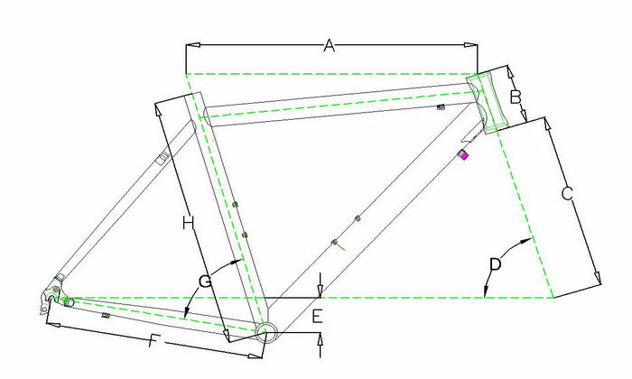 Frame sizeTop tube(A)Head tube length(B)Fork length(C)Head tube angle(D)Bottom bracket drop(E)Chain stays(F)Seat tube angle(G)Seat tube(H)46 cm529.1mm105mm354mm72°70mm405mm63.5°460mm48 cm532.9mm110mm354mm72°70mm405mm63.5°480mm50 cm540.5mm120mm354mm72.5°70mm405mm63.6°500mm52 cm551.2mm130mm354mm73°70mm405mm63.6°520mm54 cm557.9mm145mm354mm73°70mm405mm63.6°540mm56 cm565.9mm155mm354mm73°70mm405mm63.6°560mm58 cm572.1mm160mm354mm73°70mm405mm63.6°580mm60 cm581mm175mm354mm73°70mm405mm63.7°600mm