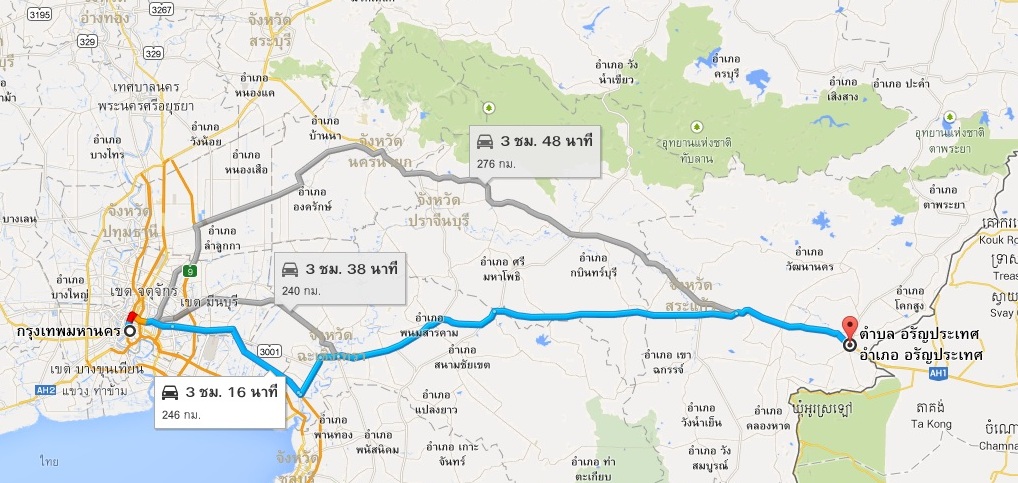 แผนที่การเดินทางจาก กรุงเทพฯ สู่ อรัญประเทศ ครับ