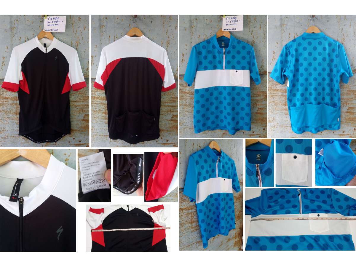 เสื้อจักรยาน Specialized <br /><br /><br />- สีดำ ขาว แดง<br />- made in Romania<br />- size L )<br />- วัด 20 นิ้ว ( วัดยืดสุดๆ 24.5 นิ้ว ) ยาว 24 นิ้ว * วัดตามรูป<br />- ผ้าสีแดงระบายอากาศ แขนแบบดับเบิ้มริม<br />- ซิป เต็ม<br />- กระเป๋าหลัง 3 ช่อง มีอีก 1 ช่องซ่อนในช่องกลาง<br />- มือสอง สะอาด สภาพดี ไม่ขาดไม่รู พร้อมใช้งาน<br /><br />** ผ้าสีขาวไม่ขาวโอโม่ ผ้าออกหมอง  รูปตัวอย่างรูปสุดท้าย <br /><br /><br />ขาย 500 บาท<br />ส่งลงทะเบียน + 30 บาท / ส่งอีเอ็มเอส + 50 บาท<br /><br /><br /><br />เสื้อจักรยาน PEARL iZUMi<br /><br /><br />- เสื้อจักรยานแบบลำลอง<br />- แบรนด์ PEARL iZUMi แท้ แบรนด์ ญี่ปุ่น<br />- made in Japan<br />- size XL<br />- วัดอก 20.5 นิ้ว ยาว 26 นิ้ว<br />- ผ้า 100% Polyester <br />- ซิปเต็ม , กระเป๋าหลัง 3 ช่องและ 1 ช่อง หน้าอก<br />- มือสอง สะอาด สภาพดี ไม่ขาดไม่รู พร้อมใช้งาน<br /><br /><br />ขาย 450 บาท<br />ส่งลงทะเบียน + 30 บาท / ส่งอีเอ็มเอส + 50 บาท