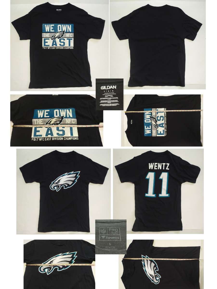 8. เสื้อยืด Philadelphia Eagles มี 2 เชต<br /><br /><br />............<br /><br /><br /><br />1. เสื้อยืด Philadelphia Eagles No.36 - JAY AJAYI ( ผู้ใหญ่ 1 เด็ก 1 ) <br /><br /><br />ขาย 2 ตัว รวม 250 บาท <br />ส่งลงทะเบียน +40 บาท  /  ส่งอีเอ็มเอส +60 บาท<br /><br /><br />..............<br /><br /><br /><br />1.1 เสื้อยืด Philadelphia Eagles No.36 - JAY AJAYI ( ผู้ใหญ่ )<br /><br /><br />- แบรนด์ DELTA PRO WEIGHT<br />- made in HONDURAS<br />- size L  ( วัดอก 21 นิ้ว  ยาว 29.5 นิ้ว )<br />- 100% Preshras Cotton , สีดำ, ผ้ามีความหนาหน่อย , ไม่ข้าง<br />- มือสอง สะอาด สภาพดี ไม่ขาดไม่รู พร้อมใช้งาน<br /><br /><br /><br />..............<br /><br /><br /><br />1.2 เสื้อยืด Philadelphia Eagles No.36 - JAY AJAYI ( เด็ก )<br /><br /><br /><br />- ใหม่ (ยังไม่ได้ใช้งาน)<br />- แบรนด์ NFL PRO LINE Fanatics ( PORT &amp; COMPANY )<br />- made in HONDURAS<br />- size S (เด็ก ) ( วัดอก 16 นิ้ว  ยาว 21 นิ้ว )<br />- 100% Cotton , สีดำ , ผ้าบาง , ไม่ข้าง <br />- ของ- ใหม่ (ยังไม่ได้ใช้งาน)<br /><br /><br /><br />_____________<br /><br /><br /><br />2. เสื้อยืด Philadelphia Eagles ( 2 ตัว )<br /><br /><br /><br />ขาย 2 ตัว รวม 150 บาท <br />ส่งลงทะเบียน +40 บาท  /  ส่งอีเอ็มเอส +60 บาท<br /><br /><br />..............<br /><br /><br /><br />2.1 เสื้อยืด Philadelphia Eagles <br /><br /><br /><br />- 2017 EAST DIVISION CHAMPIONS<br />- แบรนด์ GILDAN <br />- made in NICARAGUA<br />- size L  ( วัดอก 21 นิ้ว  ยาว 29 นิ้ว )<br />- 100% Cotton , สีดำ, ผ้าไม่หนาไม่บาง , ไม่ข้าง , สกรีนกลิตเตอร์ (กากเพชร)<br />- มือสอง สะอาด สภาพดี ไม่ขาดไม่รู พร้อมใช้งาน<br /><br /><br />* สกรีนเฟล็ก มีหลุดตามรูป ที่ 5<br /><br /><br />..............<br /><br /><br /><br />2.2 เสื้อยืด Philadelphia Eagles <br /><br /><br /><br />- No.11 CARSO WENTZ<br />- แบรนด์ NFL PRO LINE Fanatics<br />- made in HONDURAS<br />- size S  ( วัดอก 17.5 นิ้ว  ยาว 27.5 นิ้ว )<br />- 100% Cotton , สีดำ , ผ้าบาง , ไม่ข้าง <br />- มือสอง สะอาด สภาพดี ไม่ขาดไม่รู พร้อมใช้งาน<br /><br /><br />* สกรีนด้านหลังติดเบอร์ ไม่เต็ม 1 จุด รูปที่ 6